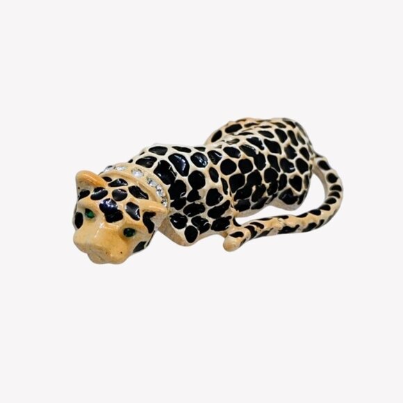 Vtg Leopard Cheetah Brooch Enamel Rhinestone Collar Green Sparkly Eyes Gold Tone - Picture 3 of 6